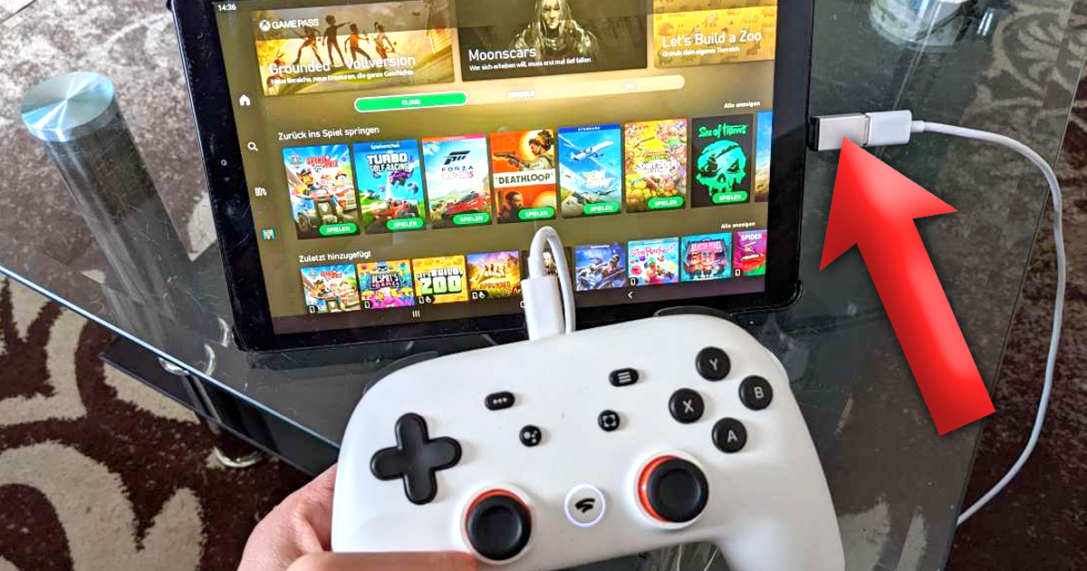 Zockerpuls - Stadia-Controller Xbox Game Pass Xbox Cloud Gaming USB-C Adapter - Roter Pfeil
